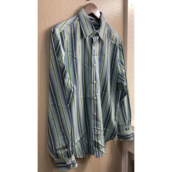 Gap Fitted Premium Mens M 15-15 1/2 Blue Green Striped Long Sleeve Button Up U - Picture 2 of 7